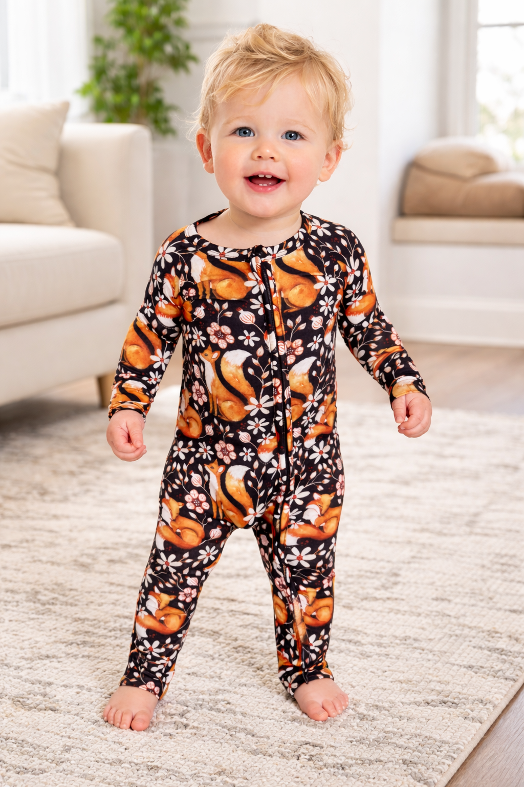 ロンパース・カバーオール [another fox] longleg romper 9-12m Foxy Florals - Convertible Bamboo Romper – Canucki Kids