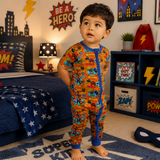 Superhero Adventure Boys - Footless Short Sleeve Bamboo Romper
